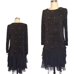 Elegant 80s Black Pearl Beaded Drop Waist Dress by After Dark